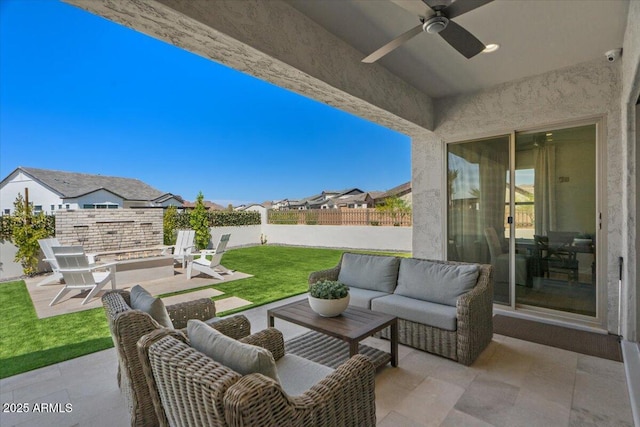 5860 E Sanford St, Mesa, AZ 85215 - view of patio / terrace featuring an outdoor living space, a residential view, a fenced backyard, and ceiling fan
