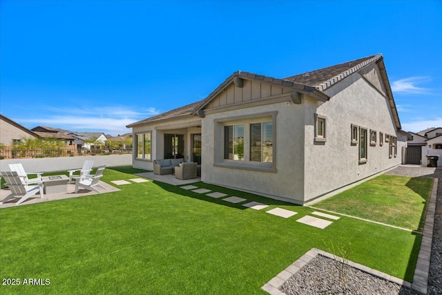 5860 E Sanford St, Mesa, AZ 85215 - rear view of property with outdoor lounge area, a lawn, fence, a patio, and stucco siding