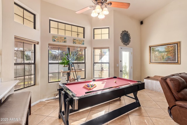 rec room with ceiling fan, light tile patterned floors, and billiards