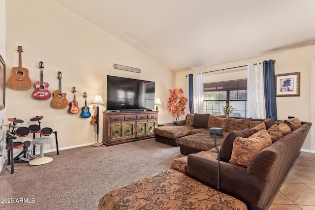 tiled living room with vaulted ceiling