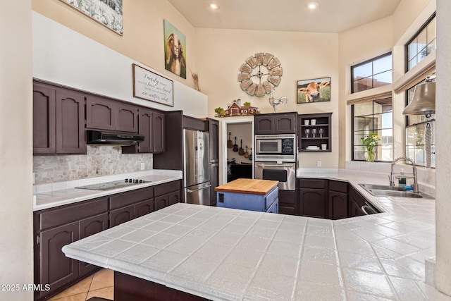 kitchen with appliances with stainless steel finishes, backsplash, dark brown cabinetry, and sink