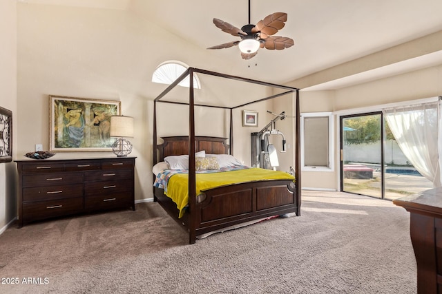 bedroom featuring ceiling fan, access to outside, carpet, and lofted ceiling