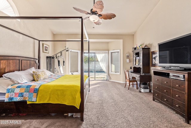 bedroom featuring light carpet, ceiling fan, and access to outside