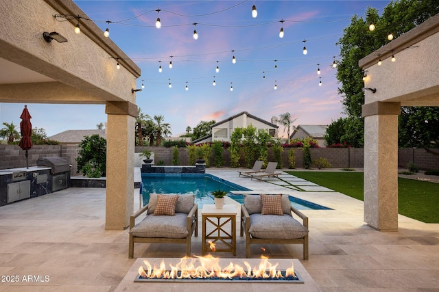 6435 E Monte Cristo Ave, Scottsdale, AZ 85254 - view of pool featuring a fire pit, a grill, a fenced backyard, and a patio area
