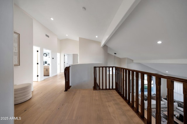 6435 E Monte Cristo Ave, Scottsdale, AZ 85254 - hallway featuring an upstairs landing, light wood finished floors, recessed lighting, and high vaulted ceiling