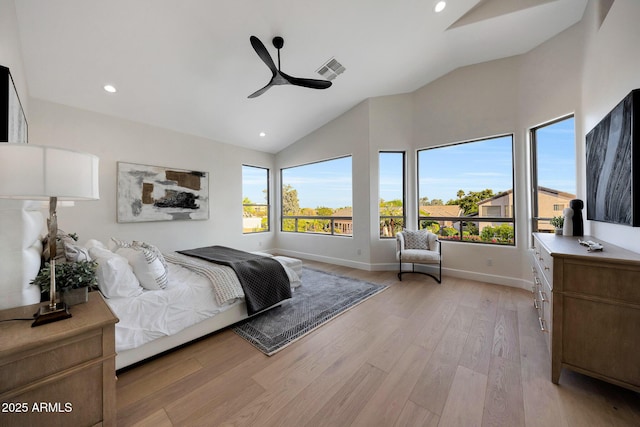 6435 E Monte Cristo Ave, Scottsdale, AZ 85254 - bedroom with light wood finished floors, recessed lighting, a ceiling fan, and high vaulted ceiling