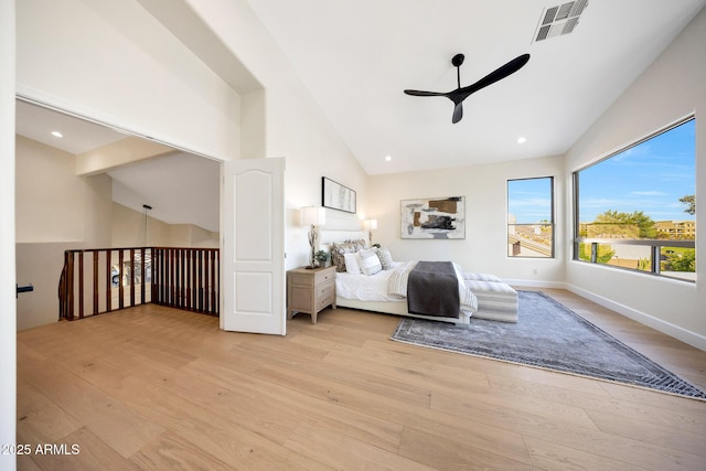 6435 E Monte Cristo Ave, Scottsdale, AZ 85254 - bedroom with light wood-style flooring, high vaulted ceiling, a ceiling fan, and recessed lighting