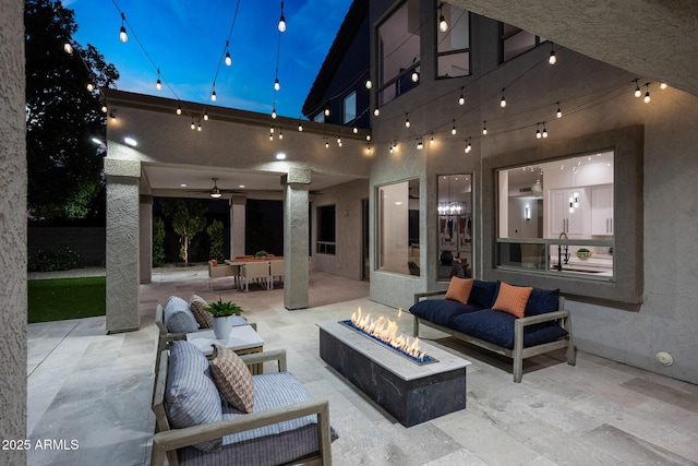 6435 E Monte Cristo Ave, Scottsdale, AZ 85254 - view of patio / terrace with an outdoor living space with a fire pit, a ceiling fan, and outdoor dining area