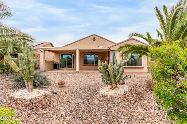 3937 N Smithsonian Dr, Florence, AZ 85132 - back of property with ceiling fan, a tile roof, a patio area, and stucco siding