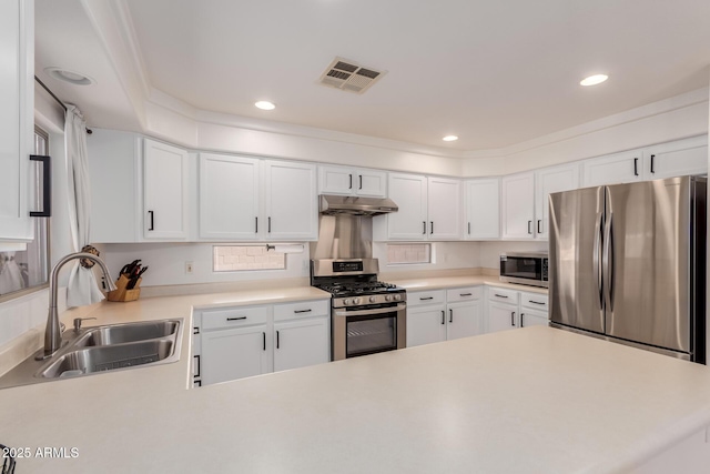 6276 N 75th Ln, Glendale, AZ 85303 - kitchen featuring stainless steel appliances, a sink, under cabinet range hood, light countertops, and white cabinetry