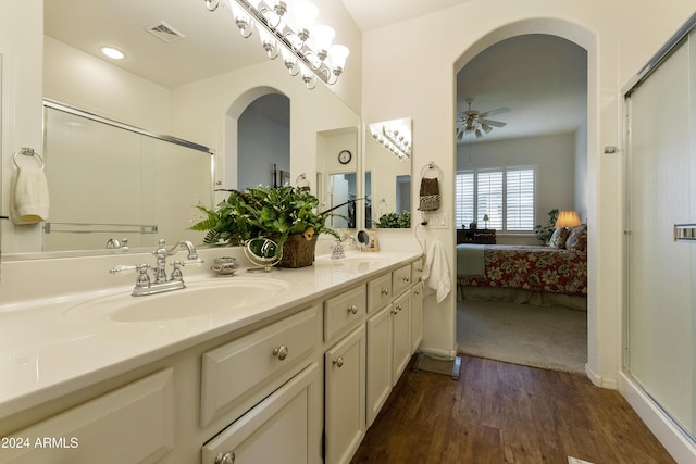 bathroom featuring ceiling fan, vanity, and wood-type flooring