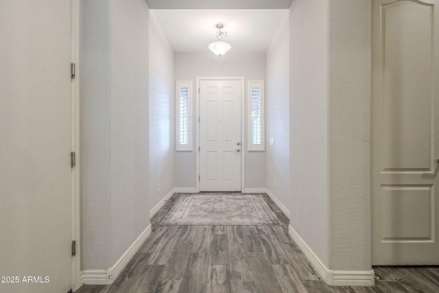 foyer with baseboards and dark wood-type flooring