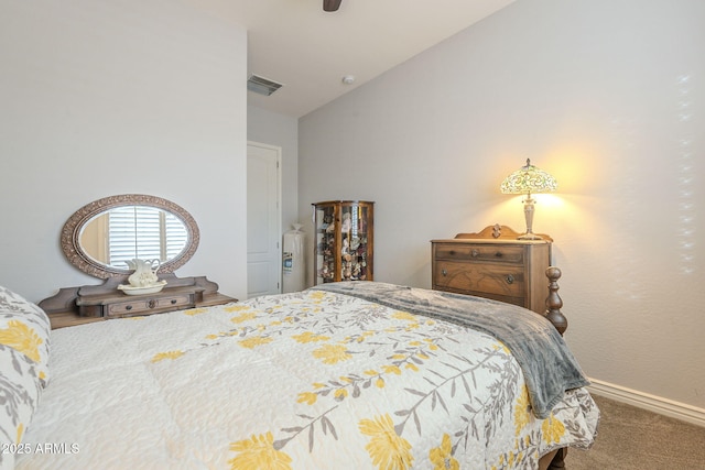 bedroom featuring visible vents, carpet flooring, baseboards, ceiling fan, and vaulted ceiling