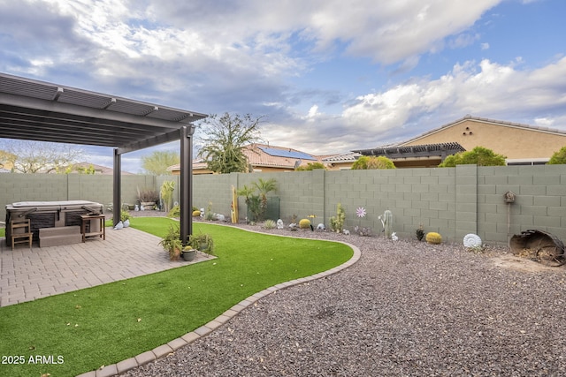 view of yard with a patio area, a pergola, and a fenced backyard