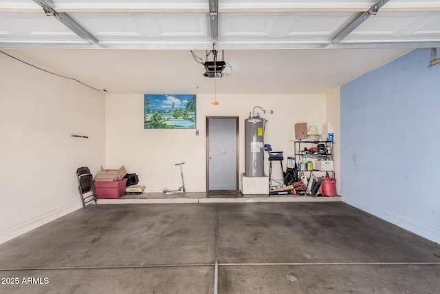 garage with a garage door opener and electric water heater