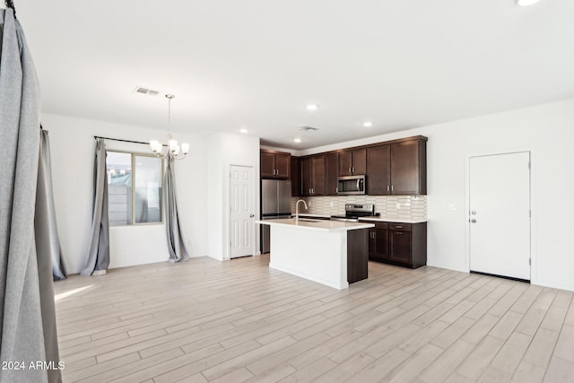 kitchen with decorative backsplash, appliances with stainless steel finishes, light wood-type flooring, a chandelier, and hanging light fixtures