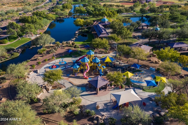 birds eye view of property featuring a water view