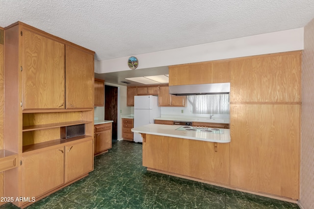 kitchen with a peninsula, freestanding refrigerator, a sink, light countertops, and dark floors