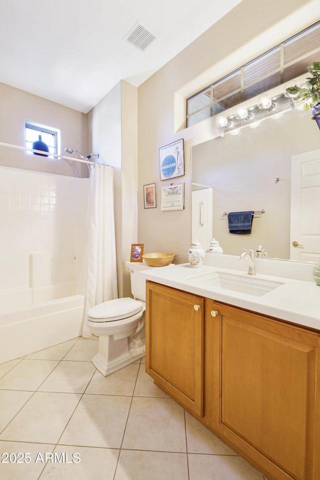 full bathroom featuring shower / tub combo, visible vents, toilet, tile patterned floors, and vanity