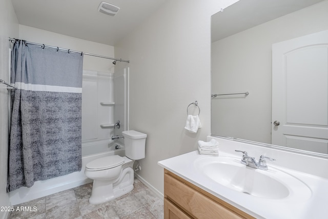 full bathroom featuring toilet, vanity, and shower / bath combo with shower curtain