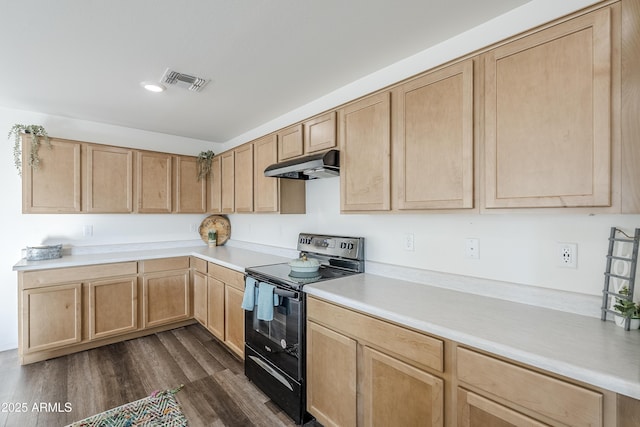 kitchen with electric range oven, light brown cabinets, and dark hardwood / wood-style flooring