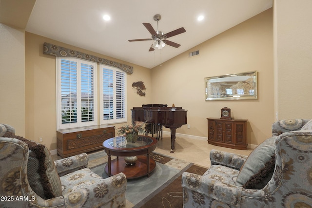 living room with vaulted ceiling and ceiling fan