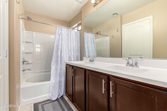 bathroom featuring shower / bath combo, vanity, and tile patterned floors