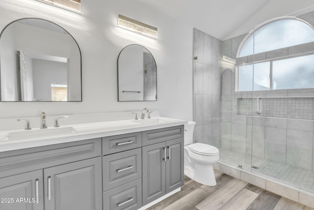 bathroom with a shower with door, vanity, wood-type flooring, vaulted ceiling, and toilet