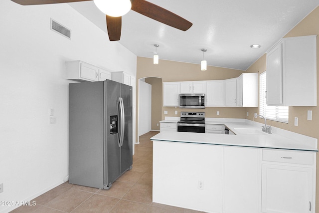 5252 W Pontiac Dr, Glendale, AZ 85308 - kitchen with appliances with stainless steel finishes, a peninsula, visible vents, ceiling fan, and a sink