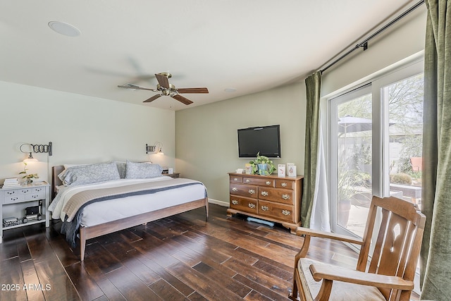 402 E Claremont St, Phoenix, AZ 85012 - bedroom featuring hardwood / wood-style flooring, baseboards, a ceiling fan, and access to exterior