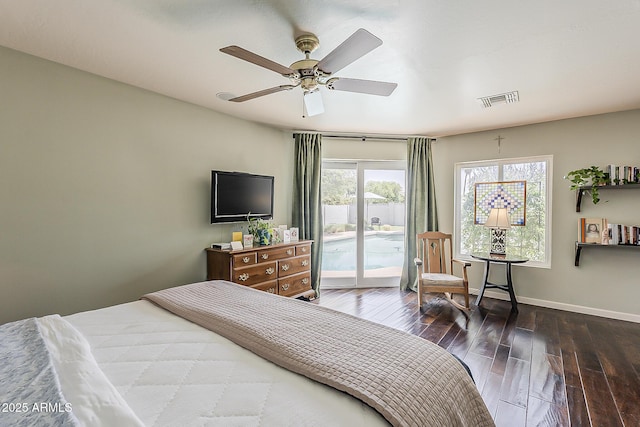 402 E Claremont St, Phoenix, AZ 85012 - bedroom with access to outside, hardwood / wood-style floors, baseboards, and a ceiling fan