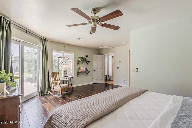402 E Claremont St, Phoenix, AZ 85012 - bedroom with access to outside, wood finished floors, a ceiling fan, and baseboards