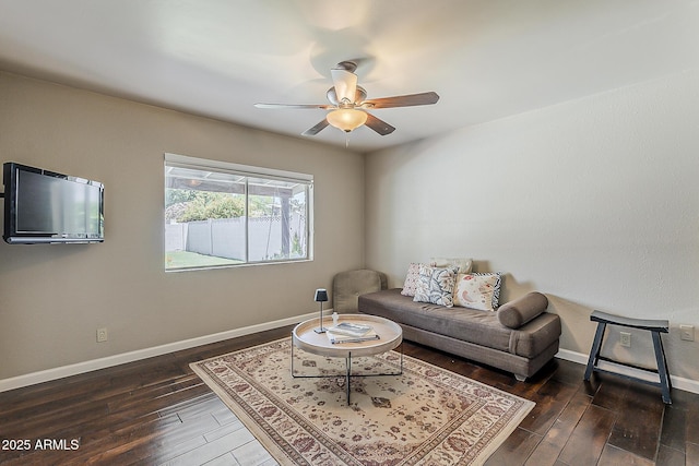 402 E Claremont St, Phoenix, AZ 85012 - living room featuring wood finished floors, a ceiling fan, and baseboards