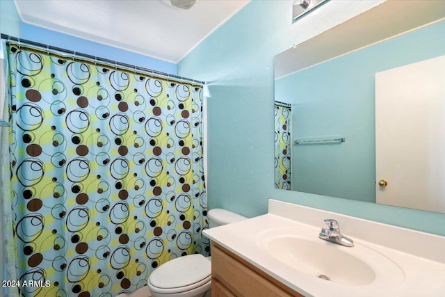 bathroom featuring vanity, a shower with curtain, and toilet