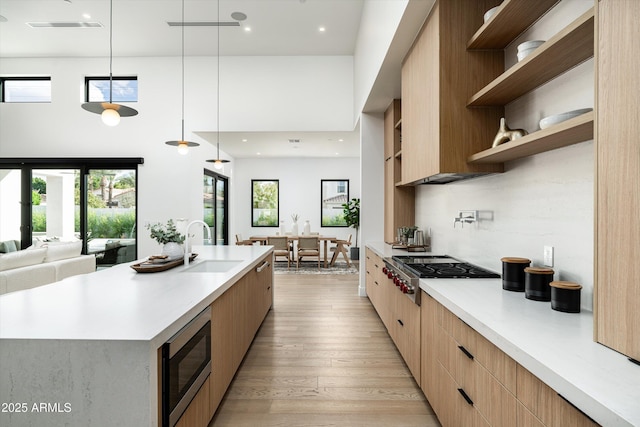 kitchen featuring modern cabinets, stainless steel appliances, light countertops, open shelves, and a sink