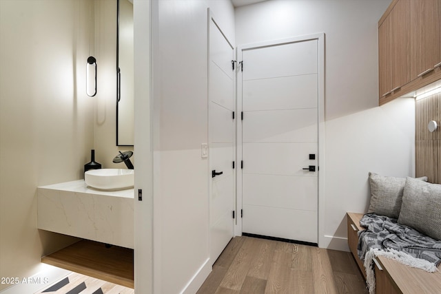 interior space featuring wood finished floors and vanity