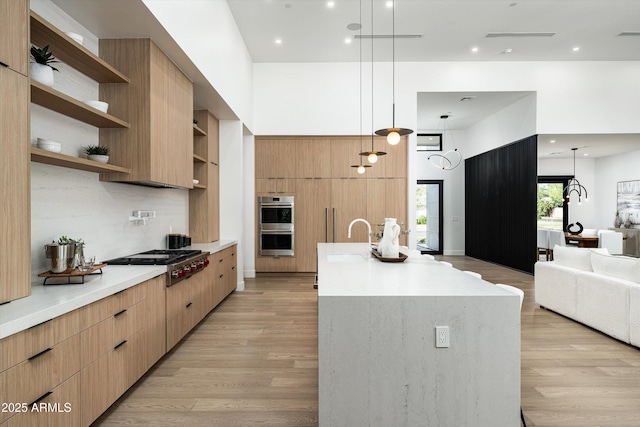 kitchen with open shelves, appliances with stainless steel finishes, and modern cabinets