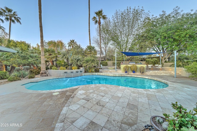 view of swimming pool featuring a patio and an outdoor bar