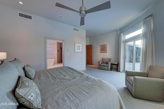 bedroom with light carpet, access to exterior, and ceiling fan