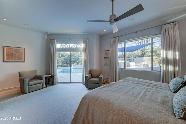 carpeted bedroom featuring access to outside and ceiling fan