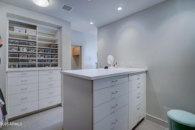 walk in closet with light carpet