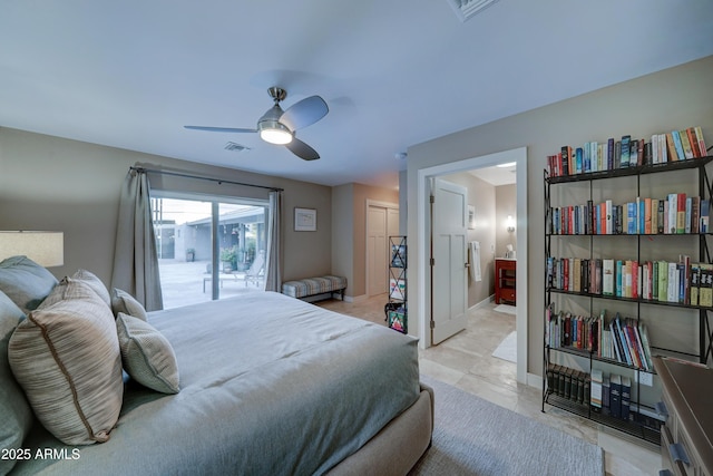 bedroom with connected bathroom, access to outside, and ceiling fan