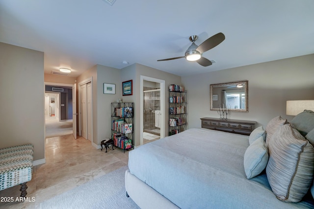 bedroom featuring ceiling fan and ensuite bath