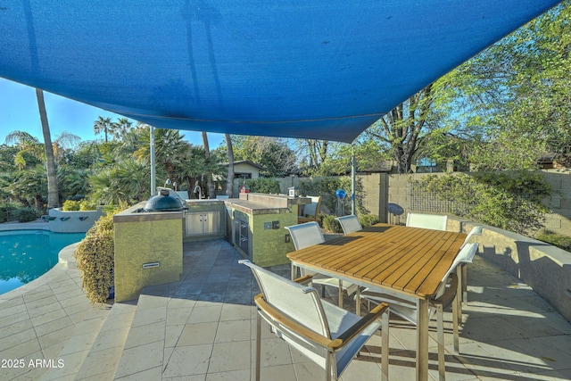 view of patio / terrace featuring a fenced in pool and area for grilling