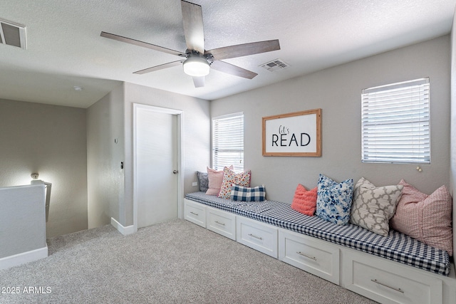 3047 S Mandy St, Mesa, AZ 85212 - living area with light colored carpet, a ceiling fan, and a textured ceiling