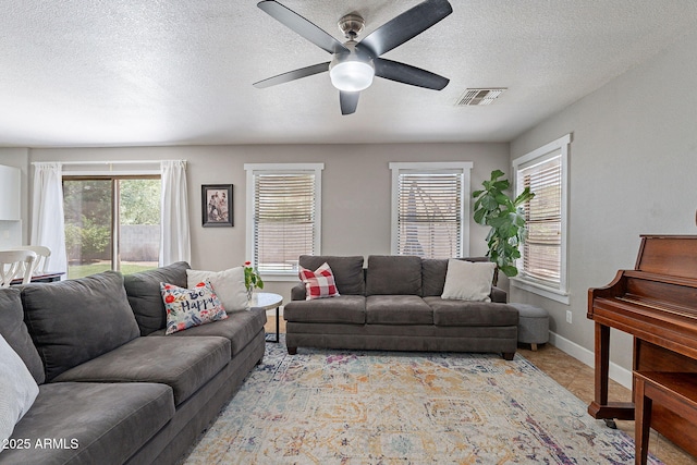 3047 S Mandy St, Mesa, AZ 85212 - living room featuring a ceiling fan and a textured ceiling