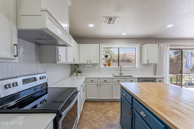 3047 S Mandy St, Mesa, AZ 85212 - kitchen with stainless steel appliances, blue cabinetry, custom exhaust hood, wooden counters, and white cabinetry
