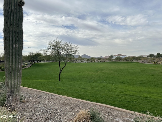 view of home's community featuring a mountain view and a lawn