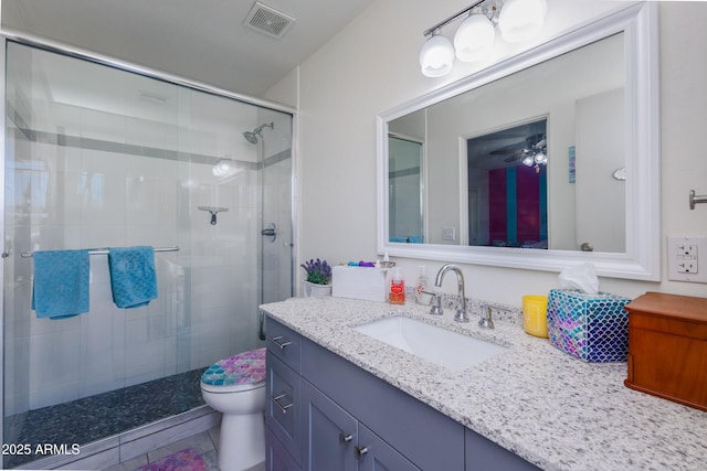 full bath with toilet, a shower stall, visible vents, and vanity