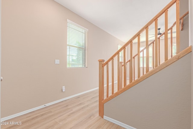 staircase with hardwood / wood-style floors